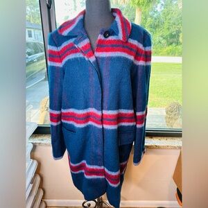 LOFT Women's Wool Blend Blue Wool Plaid Long Coat Size Xl